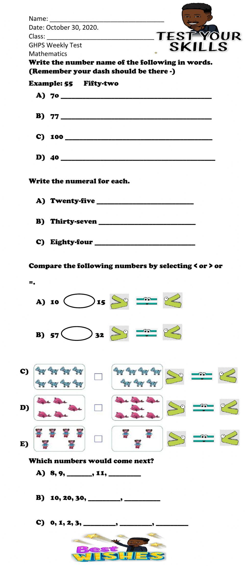 Number Name and Comparing Number Test