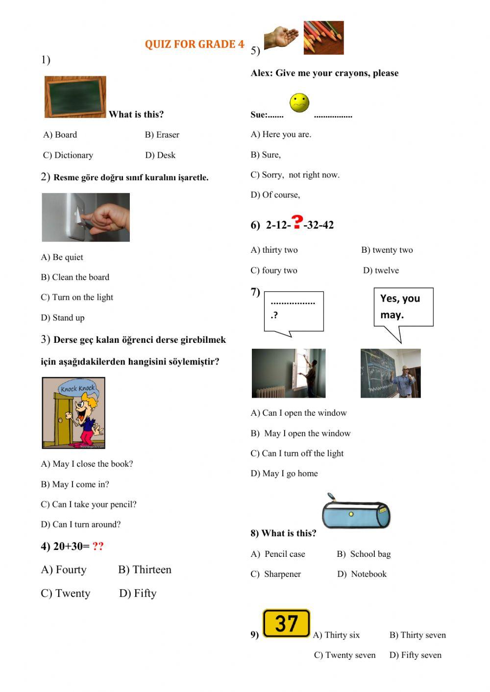 Quiz numbers, school objects, classroom rules, nationalities