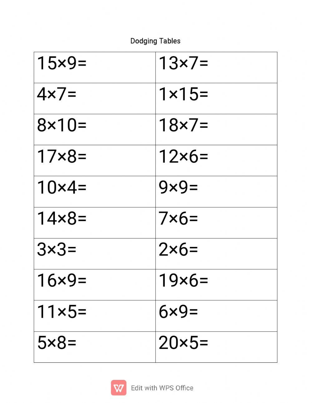 Printable Dodging Tables Worksheets