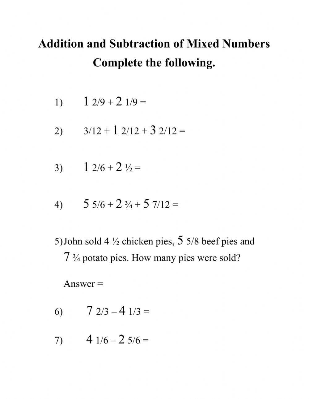 Addition and Subtractions of Mixed Numbers