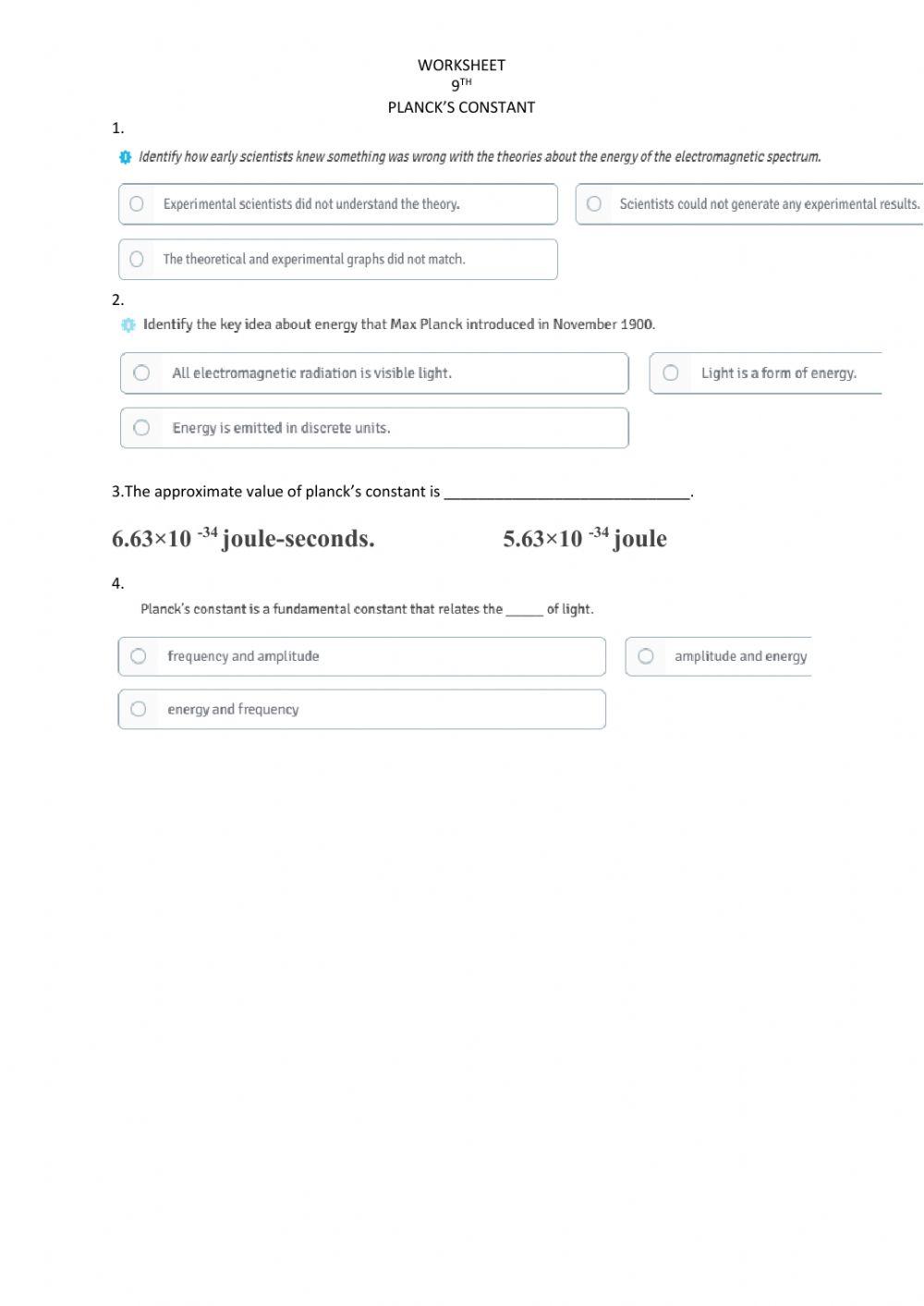 Planck constant worksheet Live Worksheets