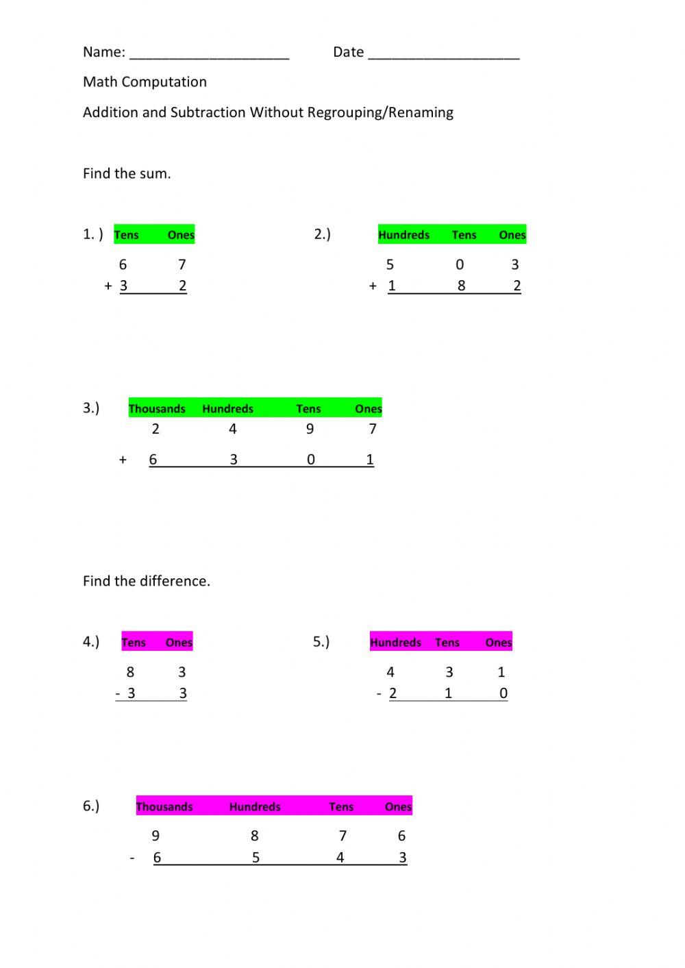 Addition and Subtraction Without Regrouping