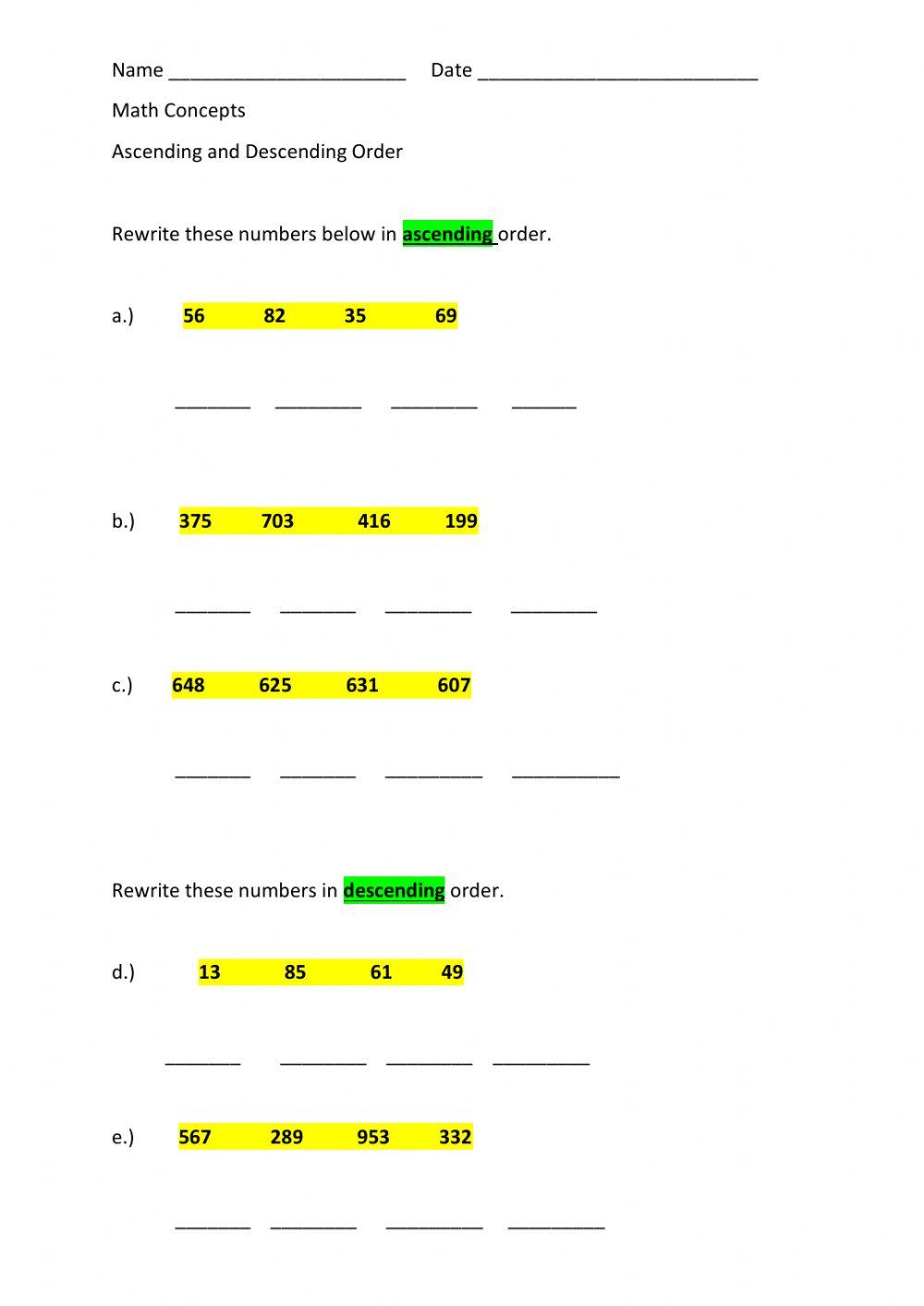 Ascending and Descending Order