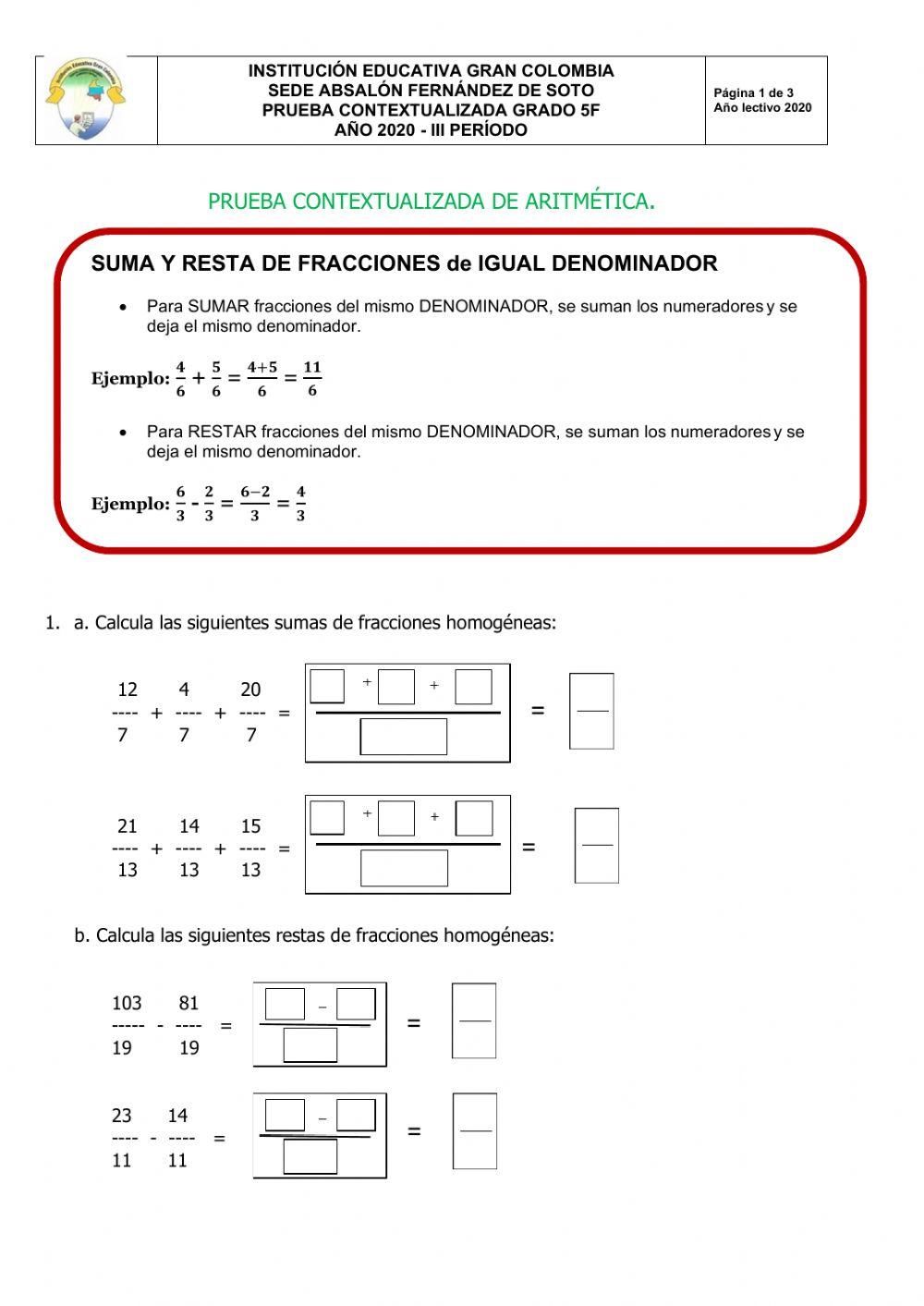 PRUEBA CONTEXTUALIZADA DE ARITMÉTICA. GRADO 5F.