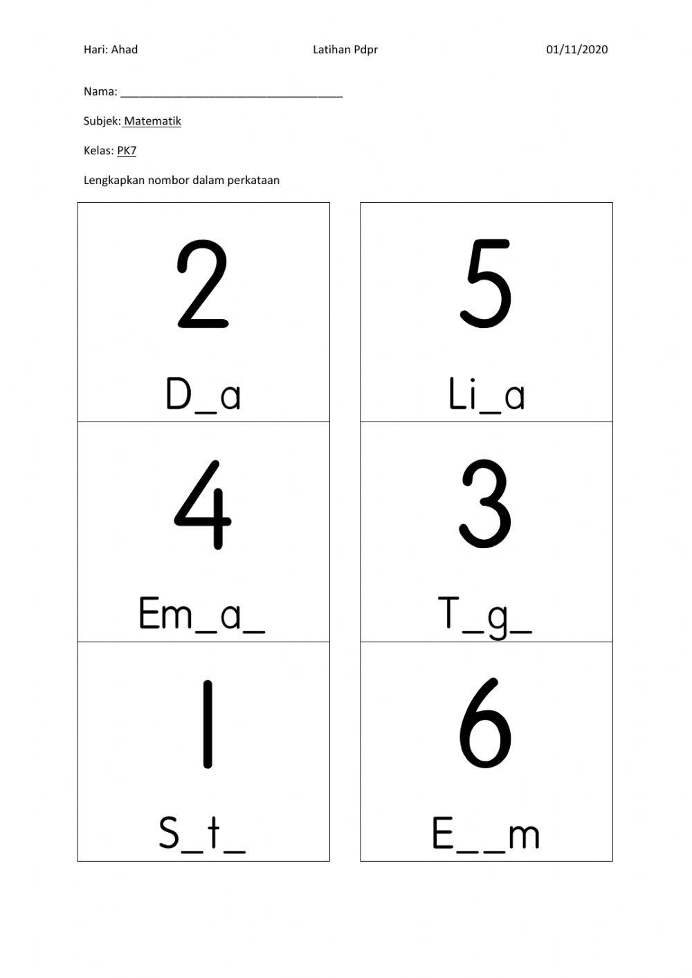 Nombor dalam perkataan 1-6