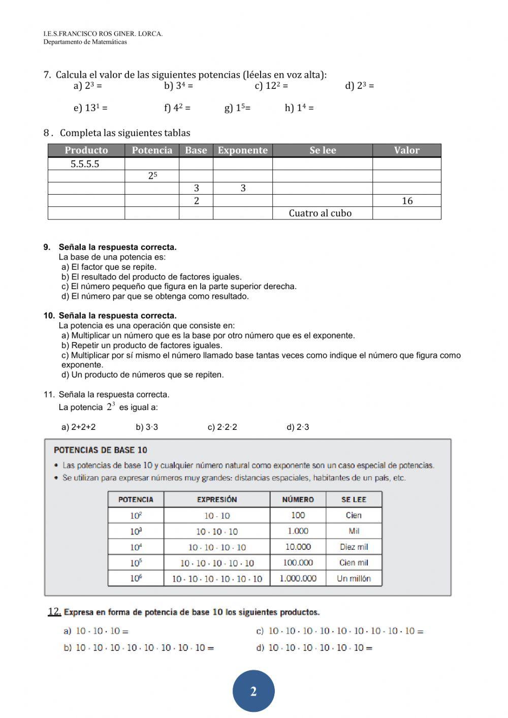 Potencias de números naturales