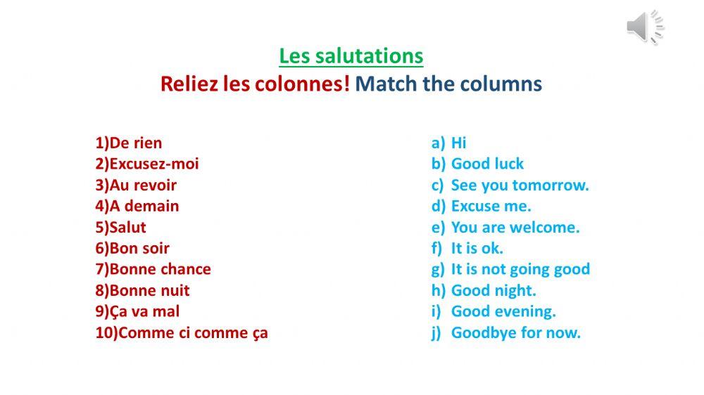 Les salutations - Reliez les colonnes