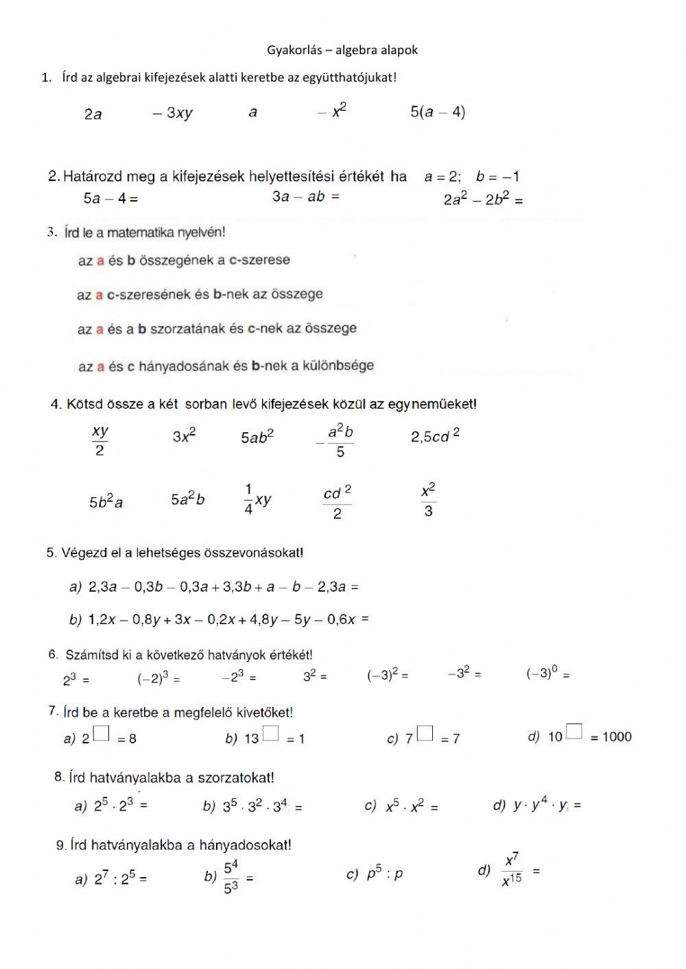 Algebra - bevezető (gyakorlás)