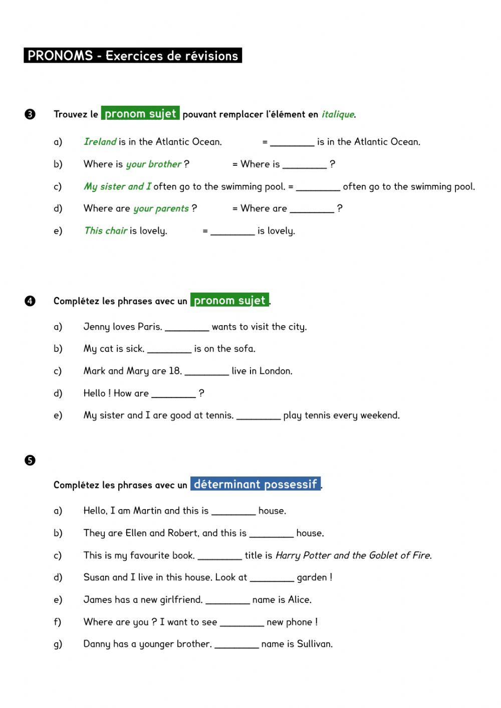 Pronouns (subject and possessive adjective)