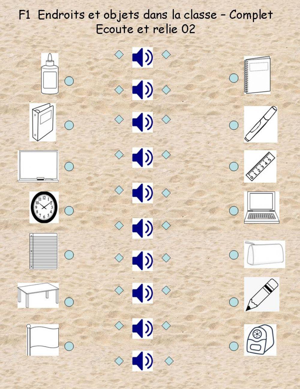 F1 Endroits et objets dans la classe - Complet - Ecoute et relie 02
