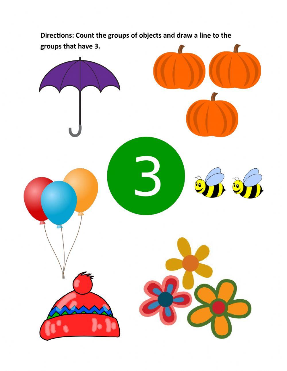 Matching 3 objects to number 3