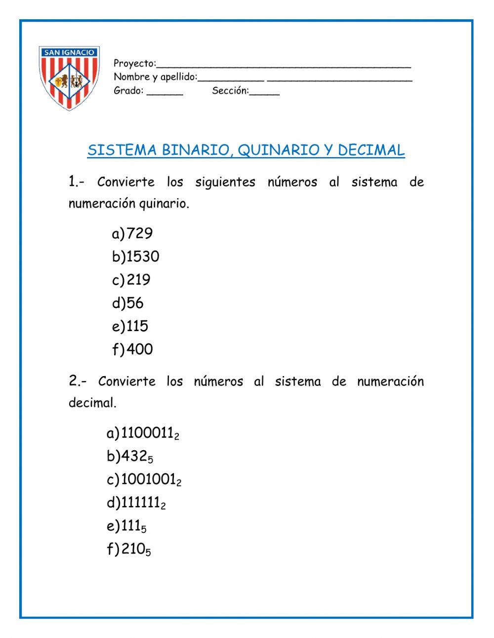 Binarios, quinarios y decimales