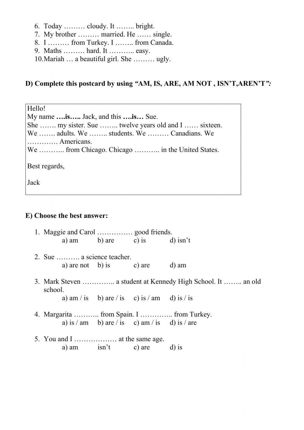 Subjects pronoun, to be
