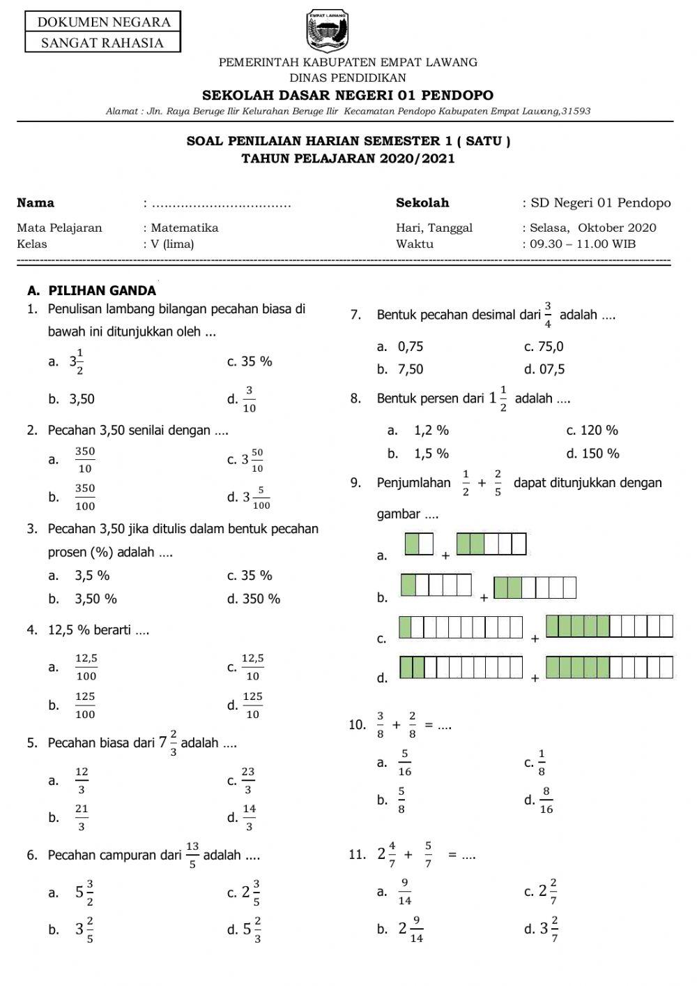 Penilaian Tengah Semester 1 Kelas 5
