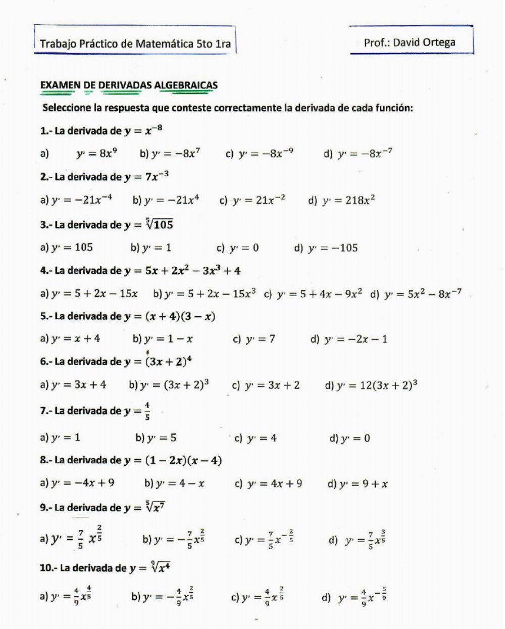 Trabajo Practico de Derivadas