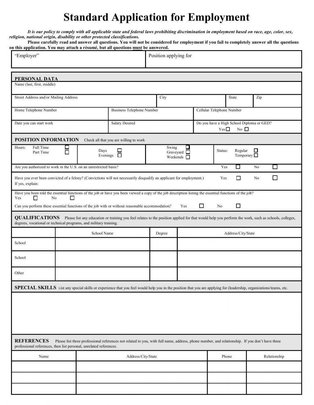 Job Application Standard Job Application Standard