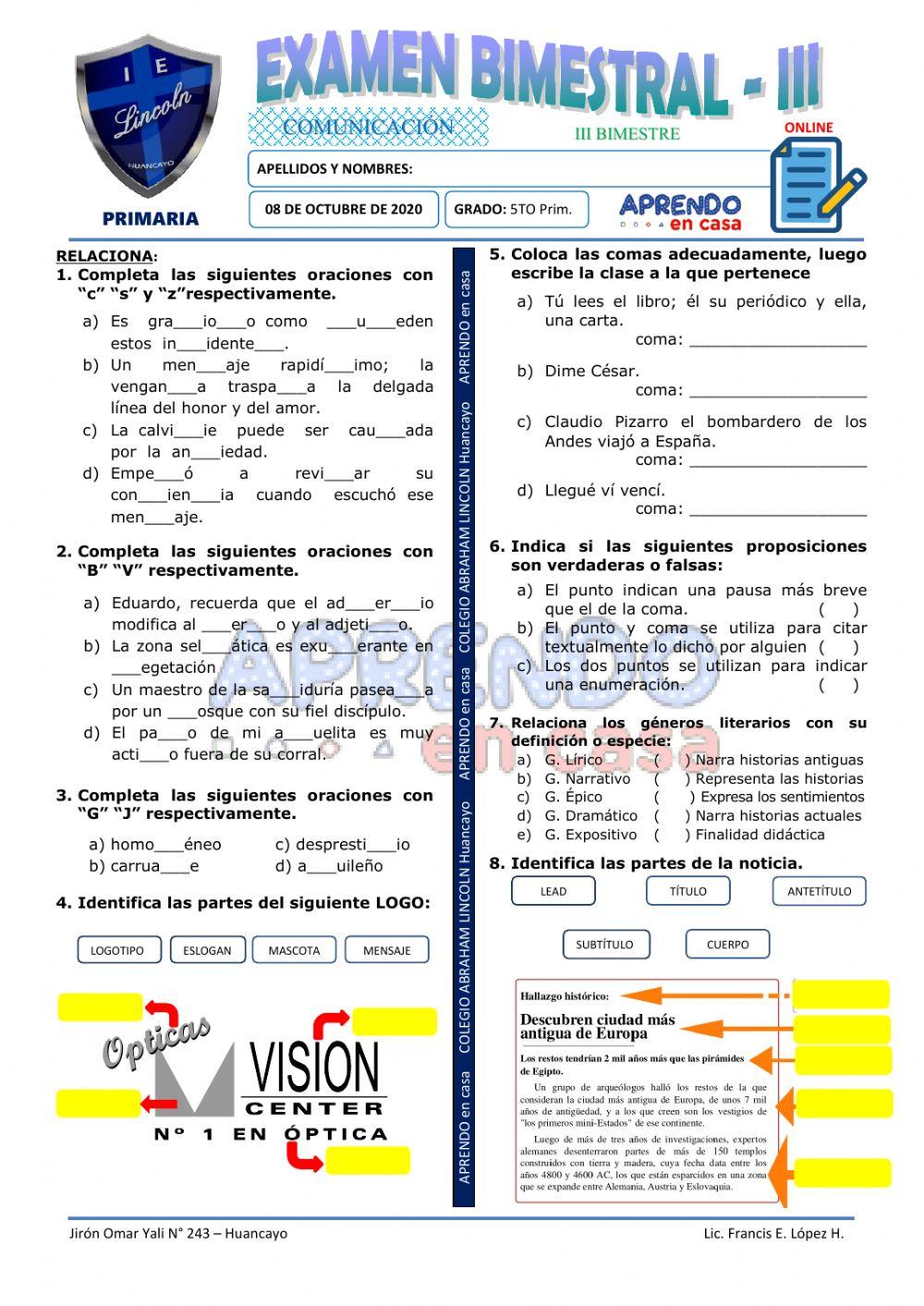 Exam. 3er Bim - 5to de Primaria