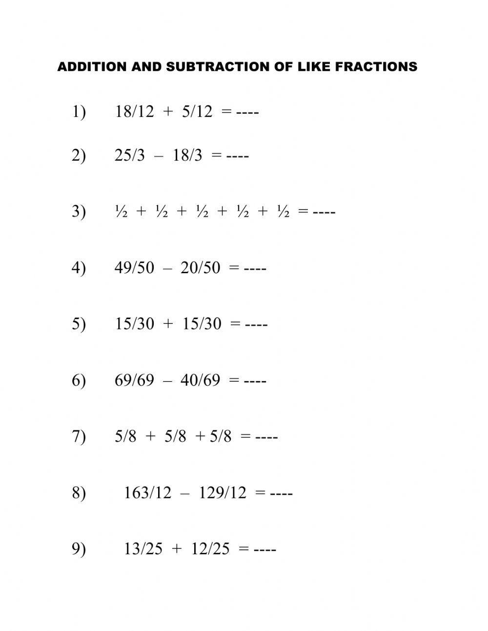 Addition and Subtraction of Like Fractions