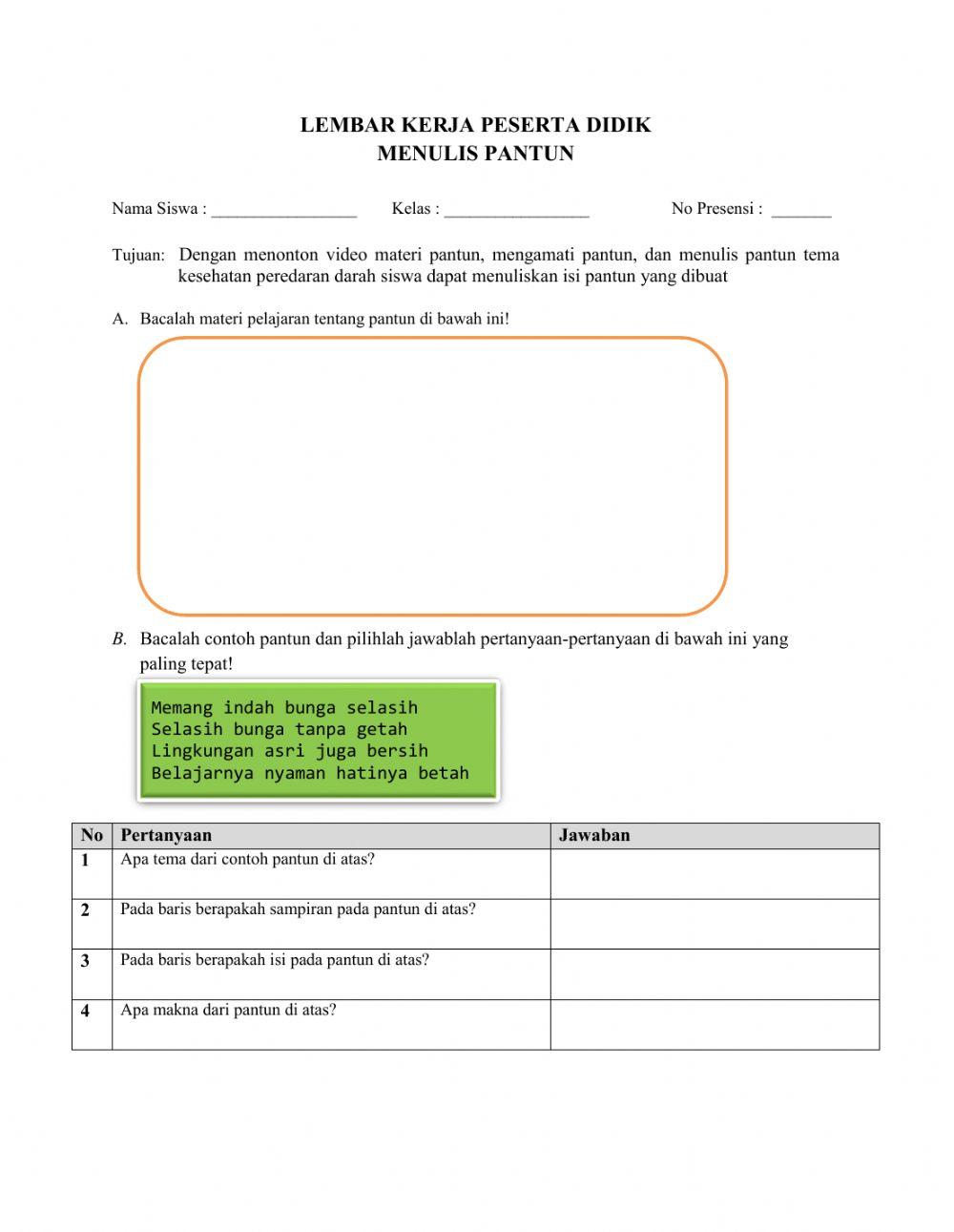 LKPD Tema 4 Kelas 5 - Muatan Bahasa Indonesia  Membuat Pantun