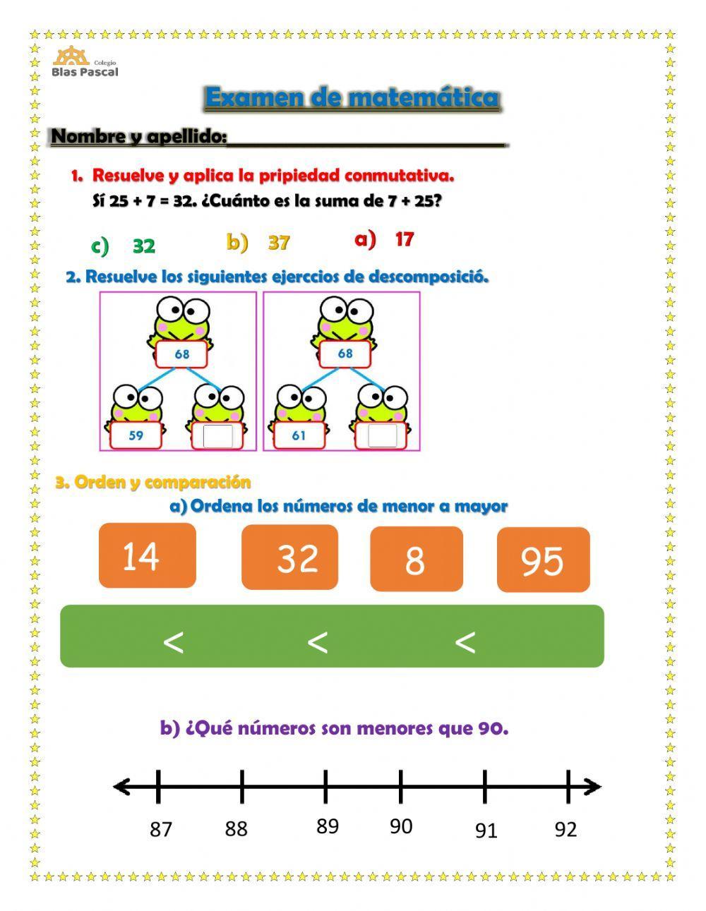 Examen bimestral de matemática primer grado 
