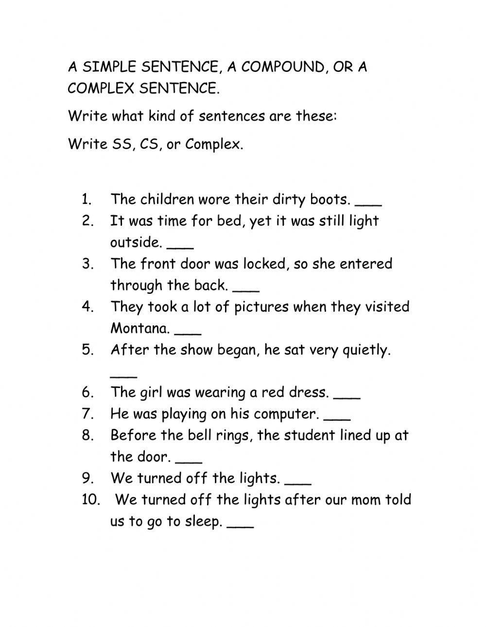 Simple sentences, compound sentence and complex