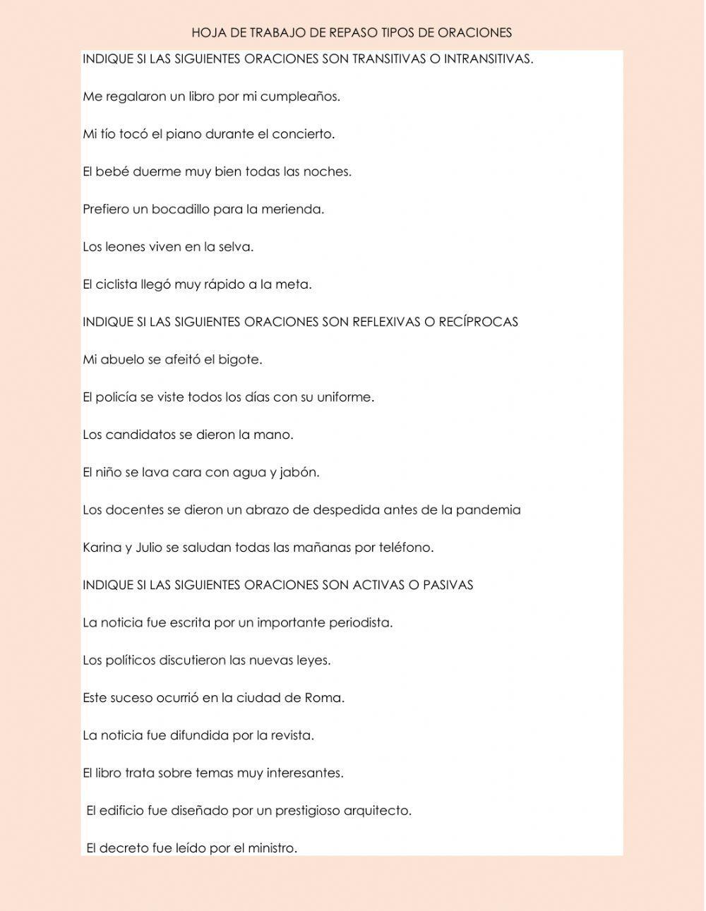 Oraciones pasivas activas transitivas e intransitivas- reflexivas y recíprocas