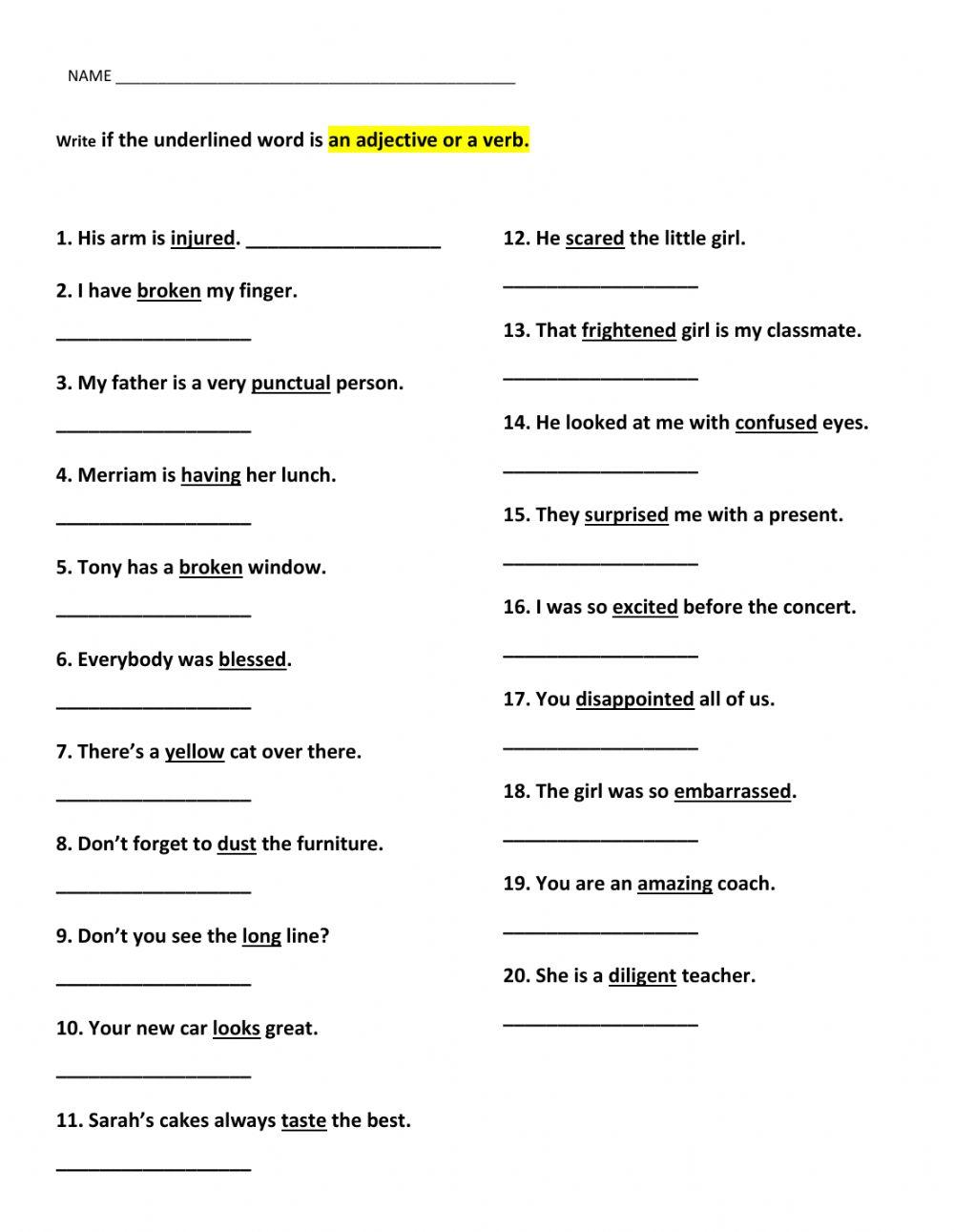 Adjective, nouns and verbs