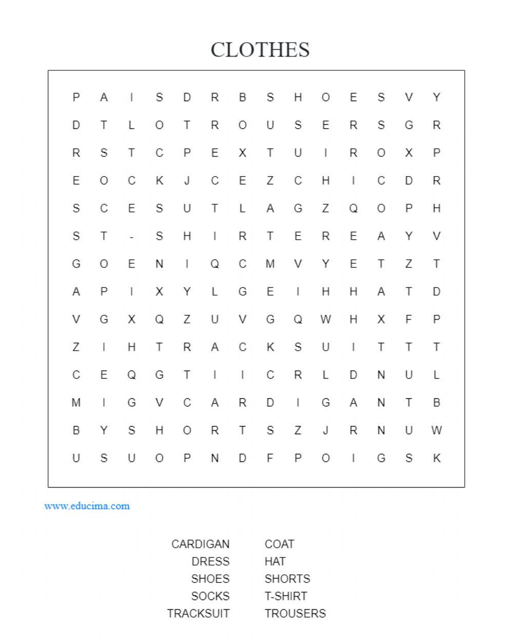 Clothes: wordsearch