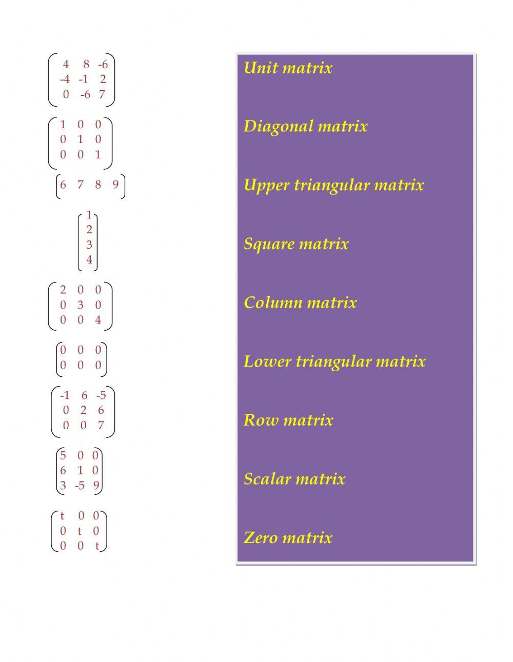 Matrices types worksheet | Live Worksheets