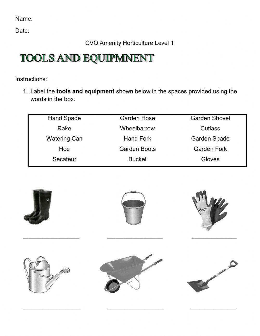 Tools And Equipment Worksheet Live