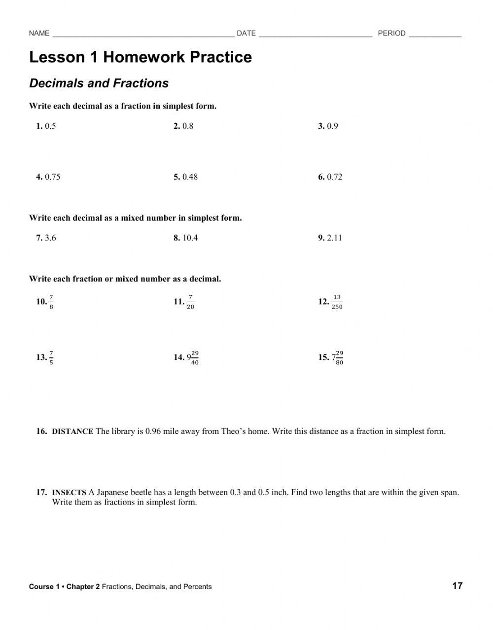 Chapter 2, Lesson 7 Homework Practice