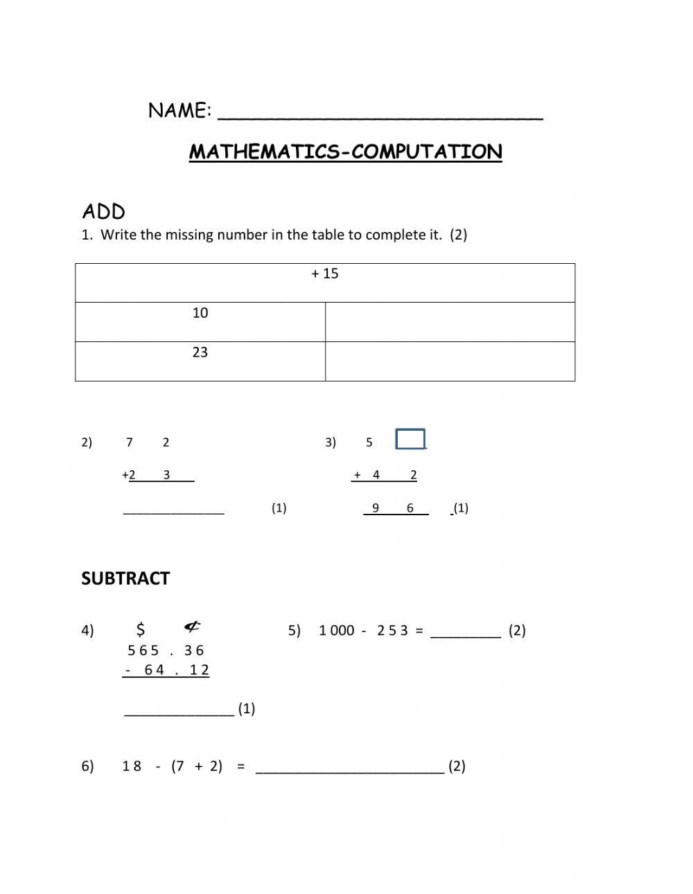 Mathematics Computation Pretest worksheet | Live Worksheets