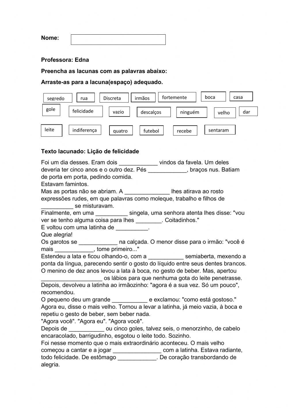 Texto lacunado: Lição de felicidade online exercise for