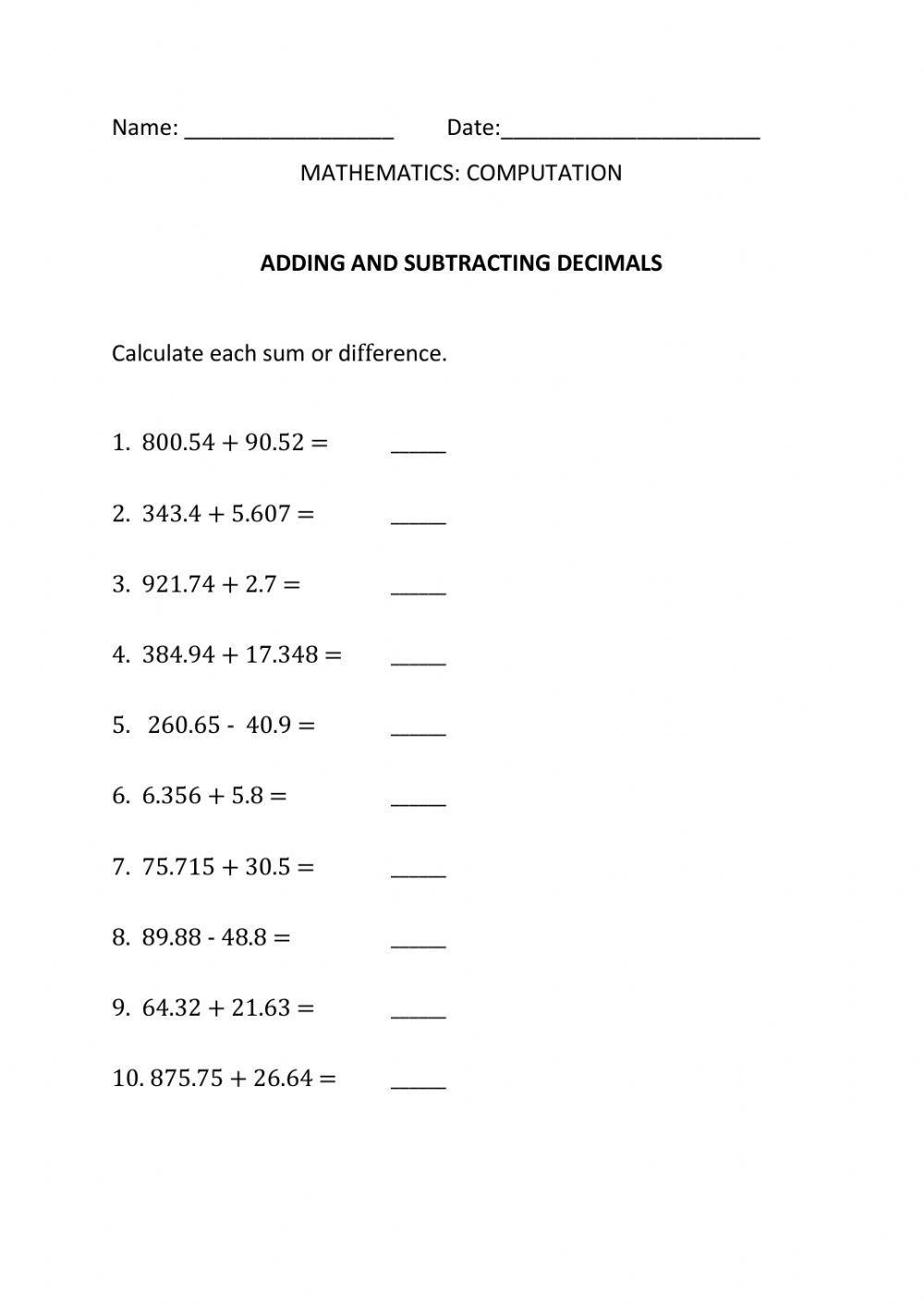 Addition and Subtraction Decimals