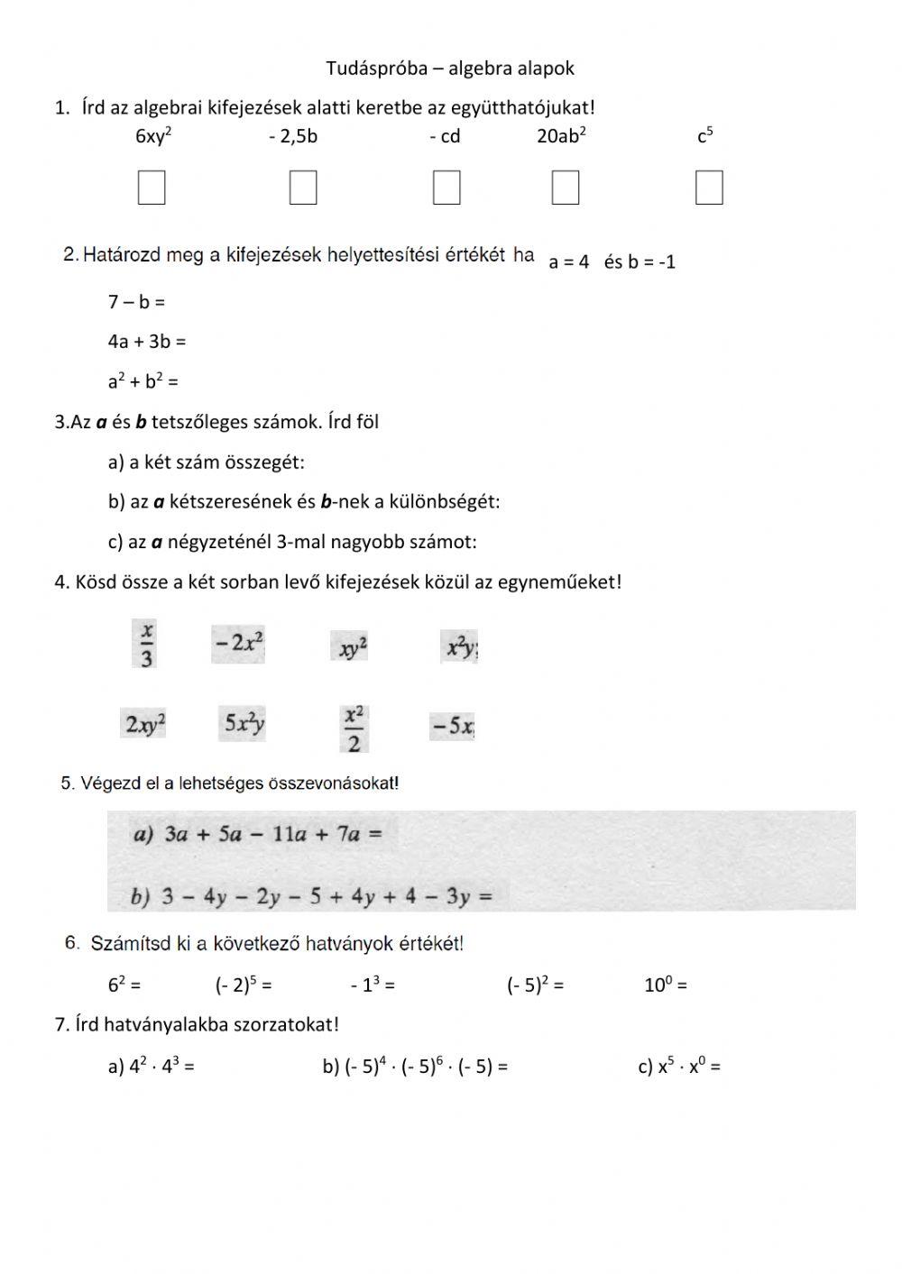 Tudéspróba - algebra alapok-A