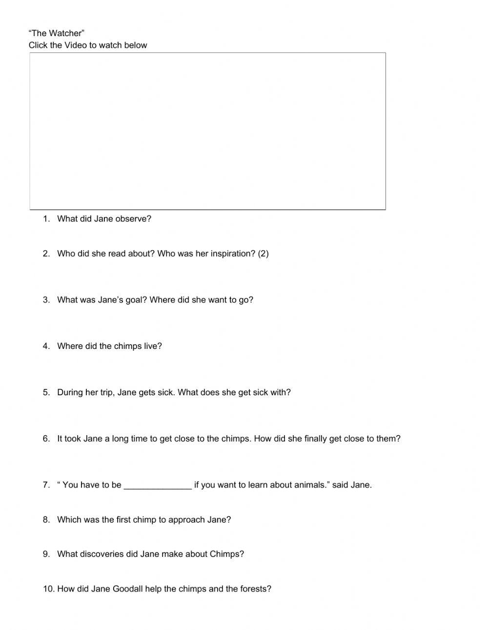 The Watcher story worksheet