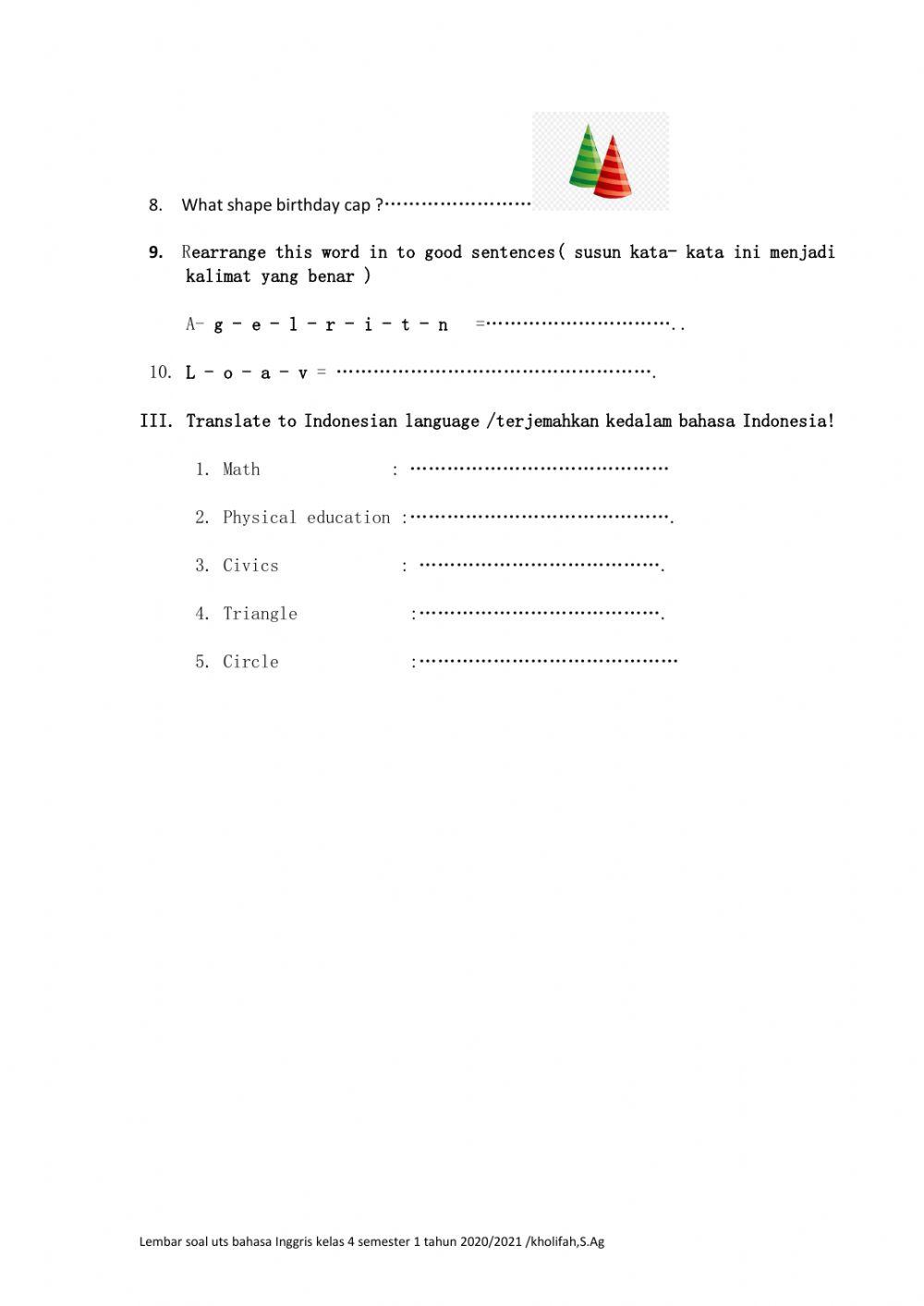 Soal PTS B.Inggris kelas 4 semester 1