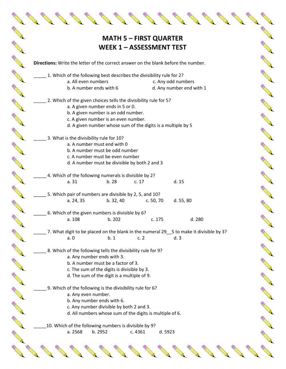 Math 5 - q1w1 -assessment test