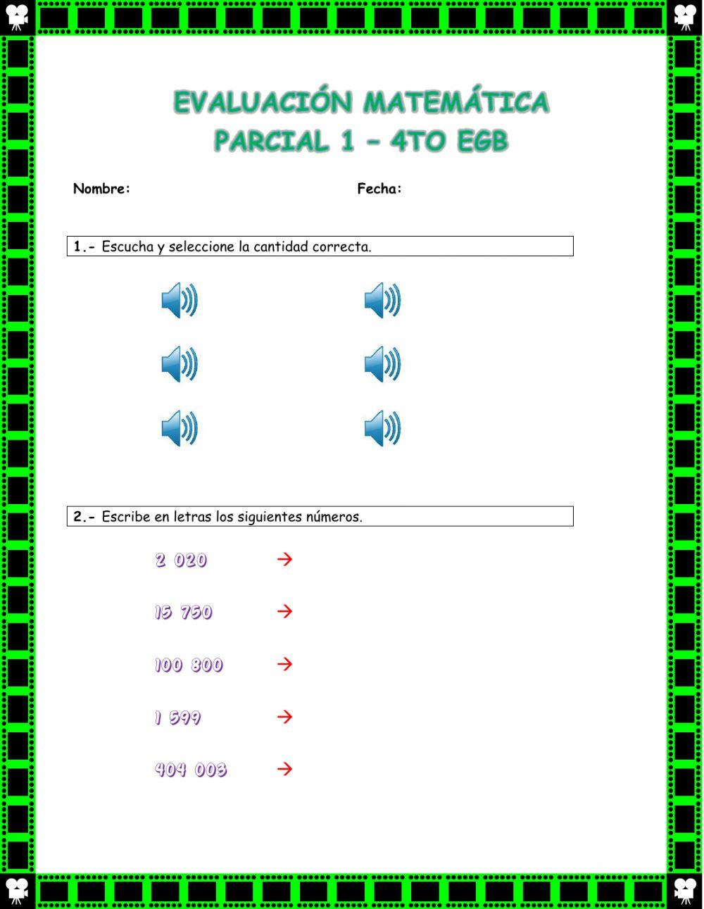 Evaluación Matemática 4to EGB - Parcial 1