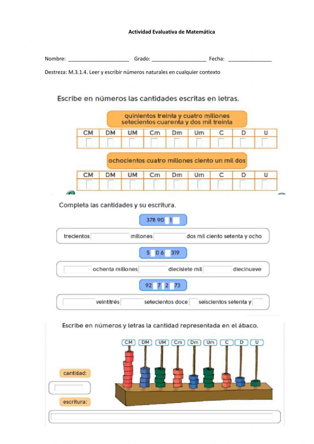 Lectura y escritura de números naturales