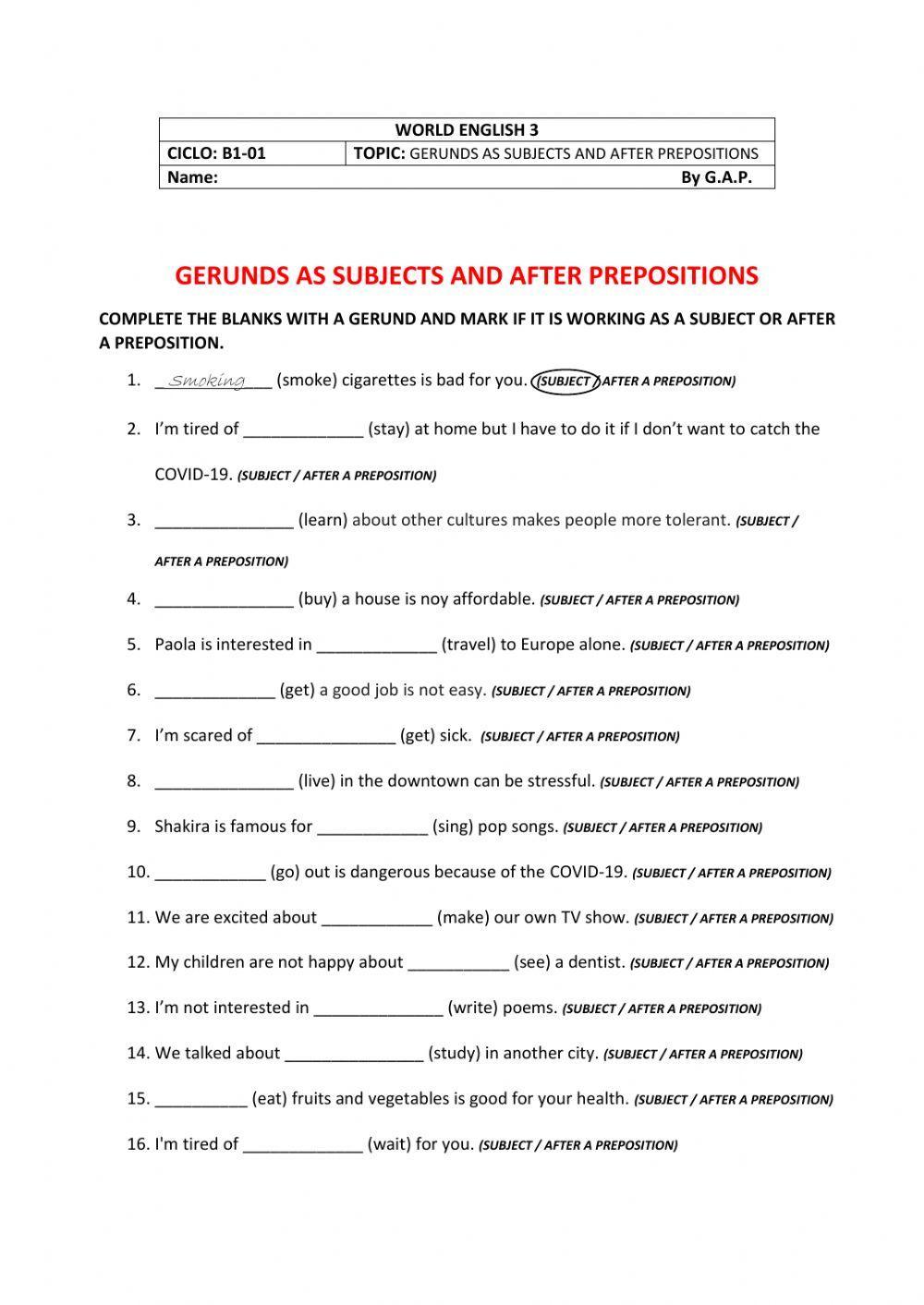 Gerunds as subjects and after prepositions