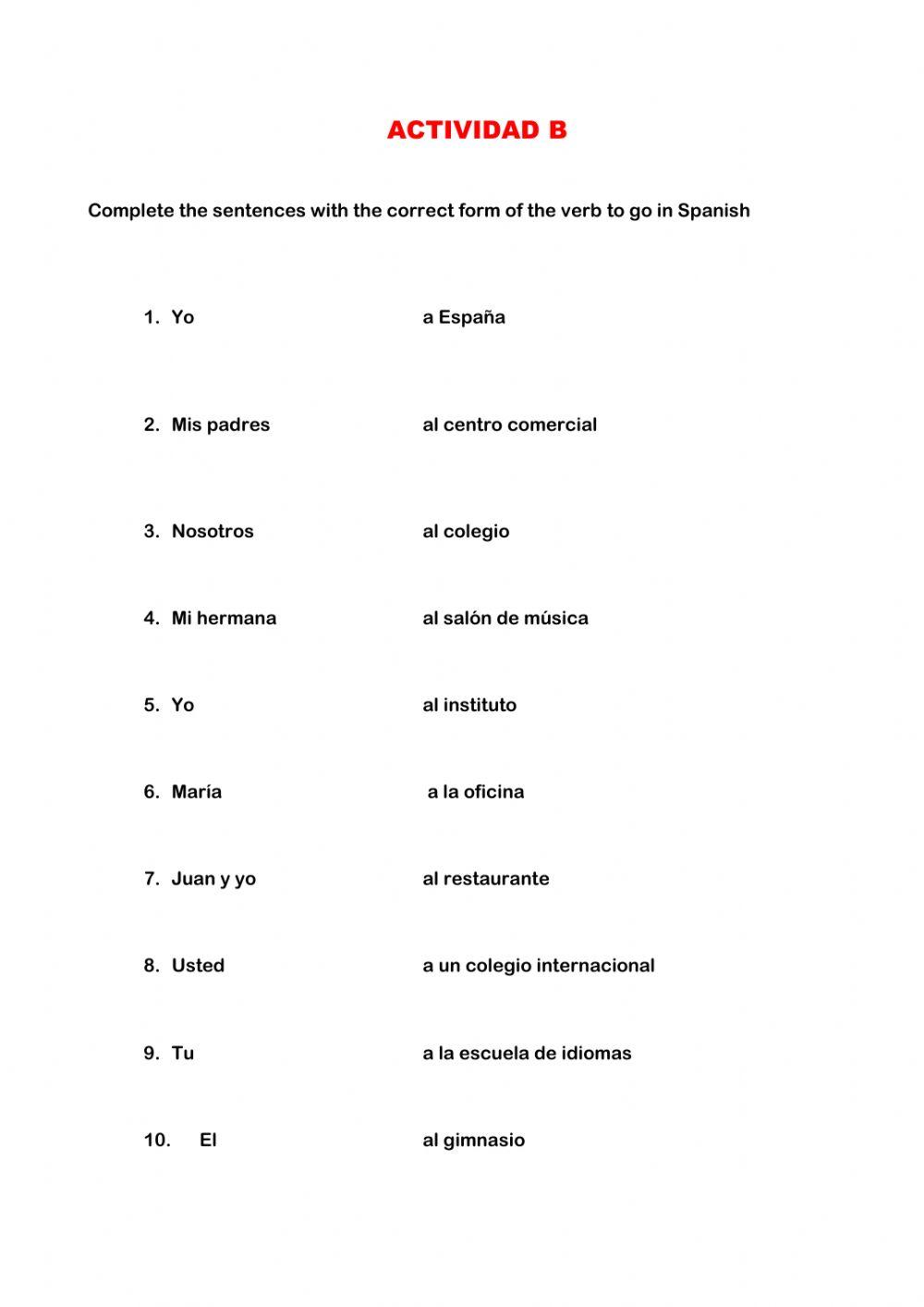 Actividad de completar verbo ir