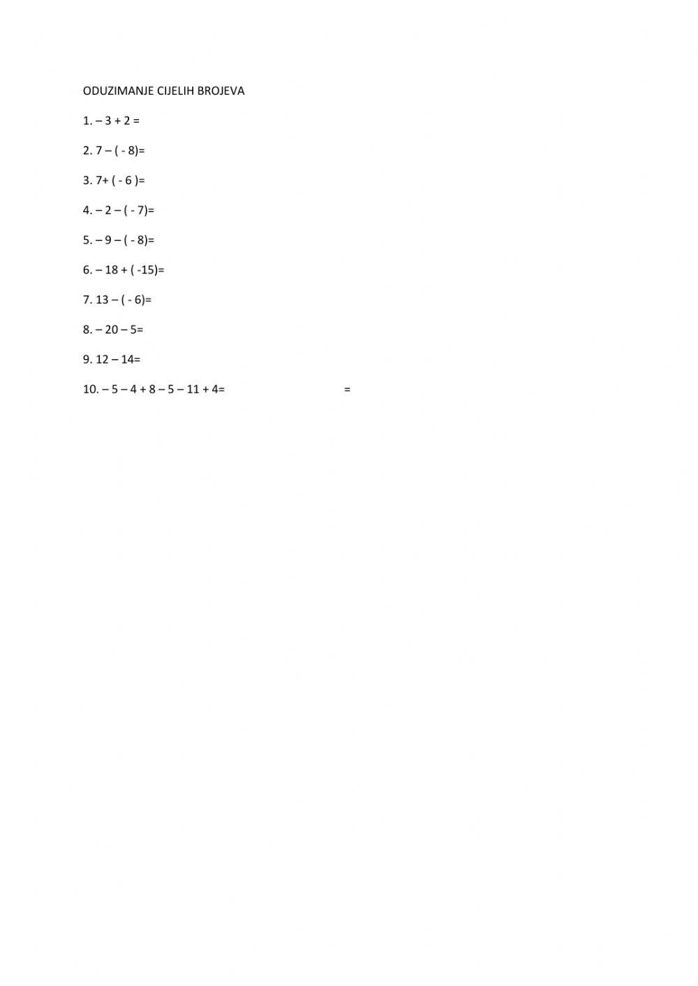 Oduzimanje cijelih brojeva