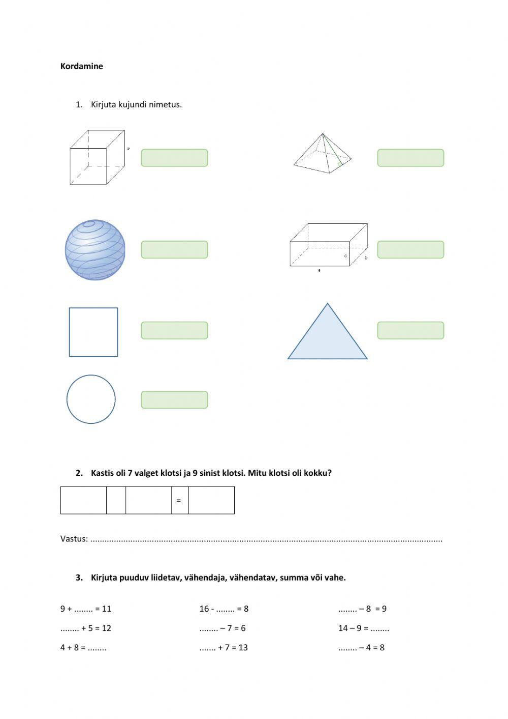 Gemeetria, liitmine ja lahutamine 20 piires, summa ja vahe