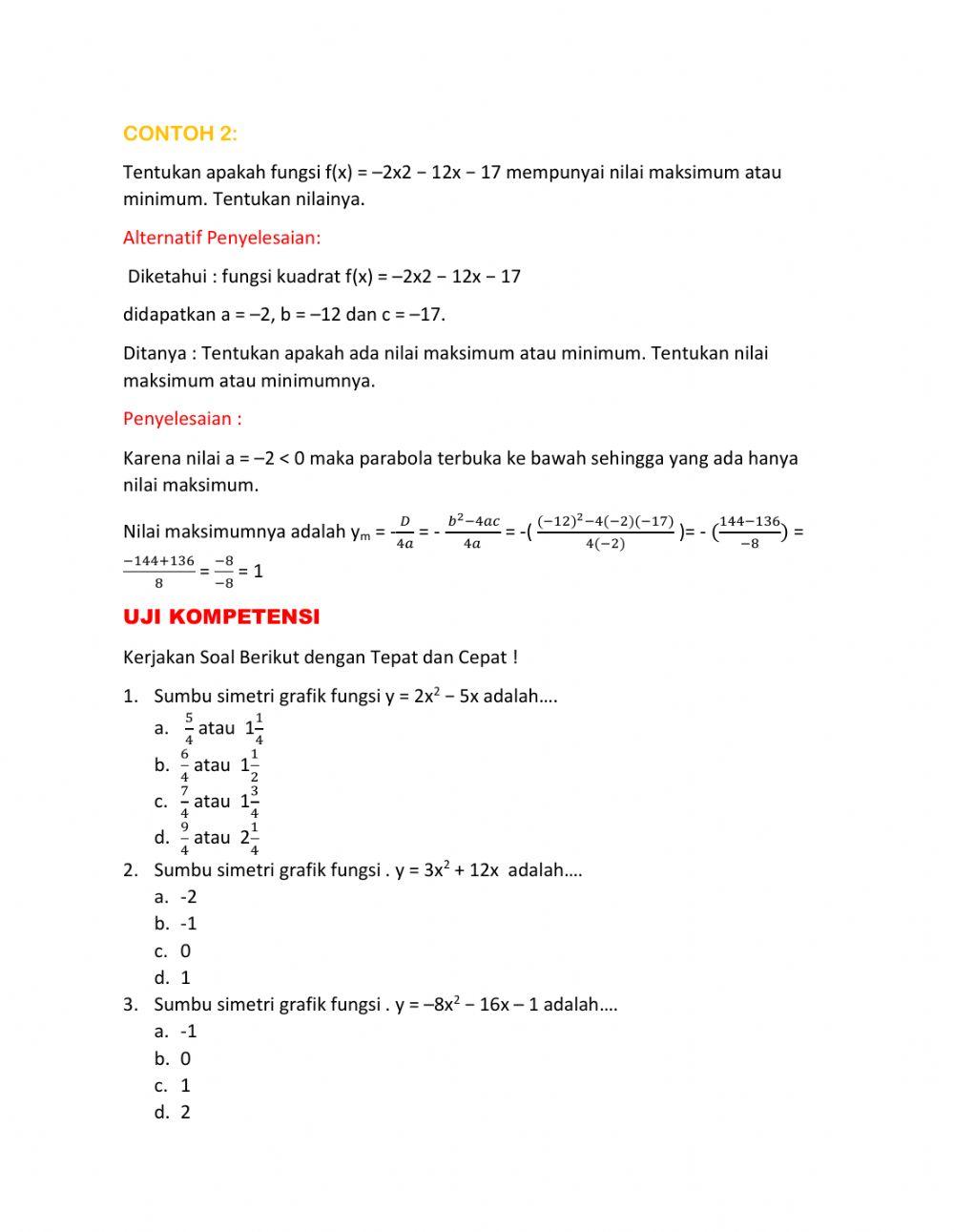 Menentukan Sumbu Simetri & Nilai Optimum