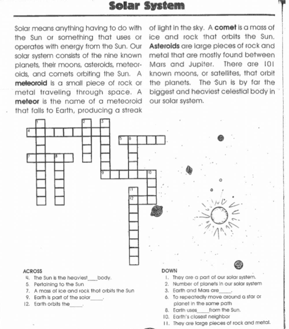 Solar System Crossword Worksheet