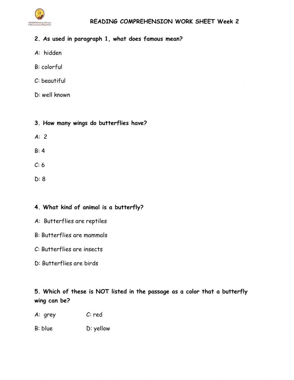 Butterflies-Reading Comprehension