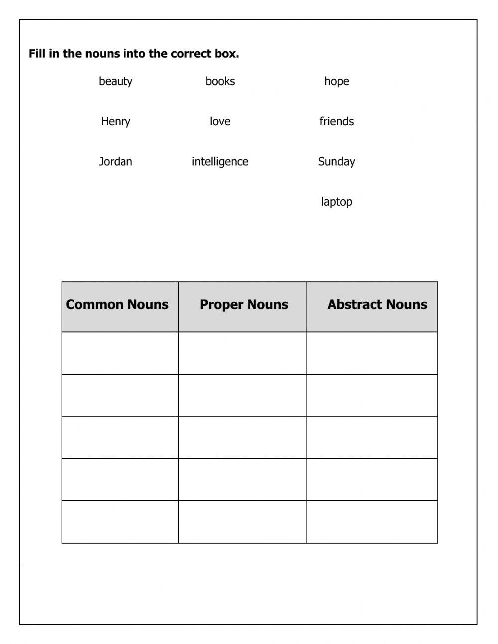 Abstract, Common & Proper Nouns Worksheet