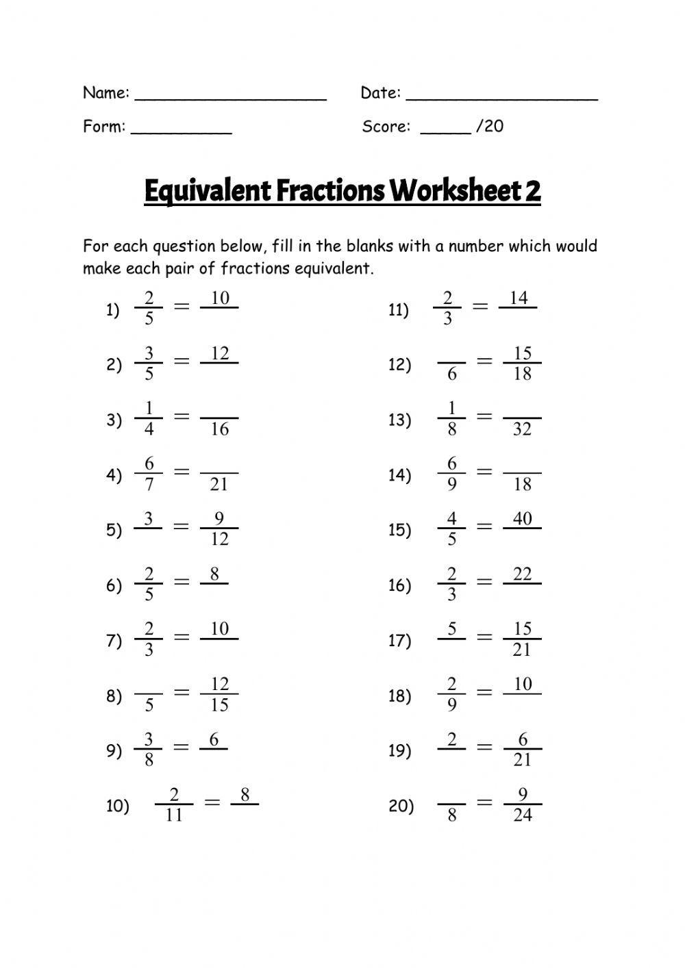 Equivalent Fractions Worksheet 2