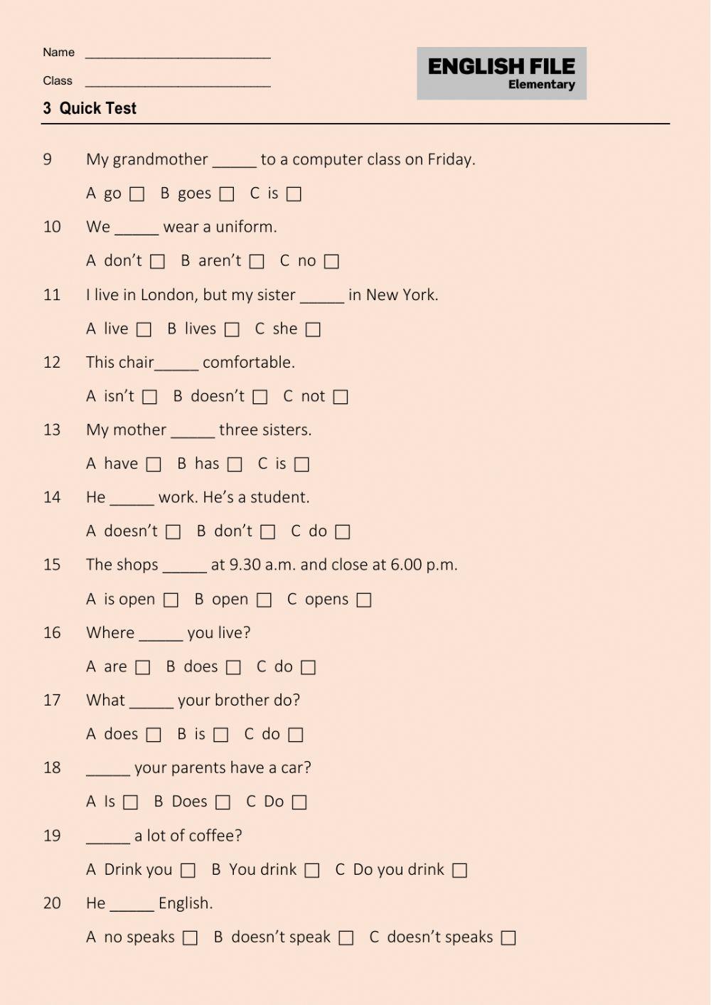 English File Test 3 Elementary